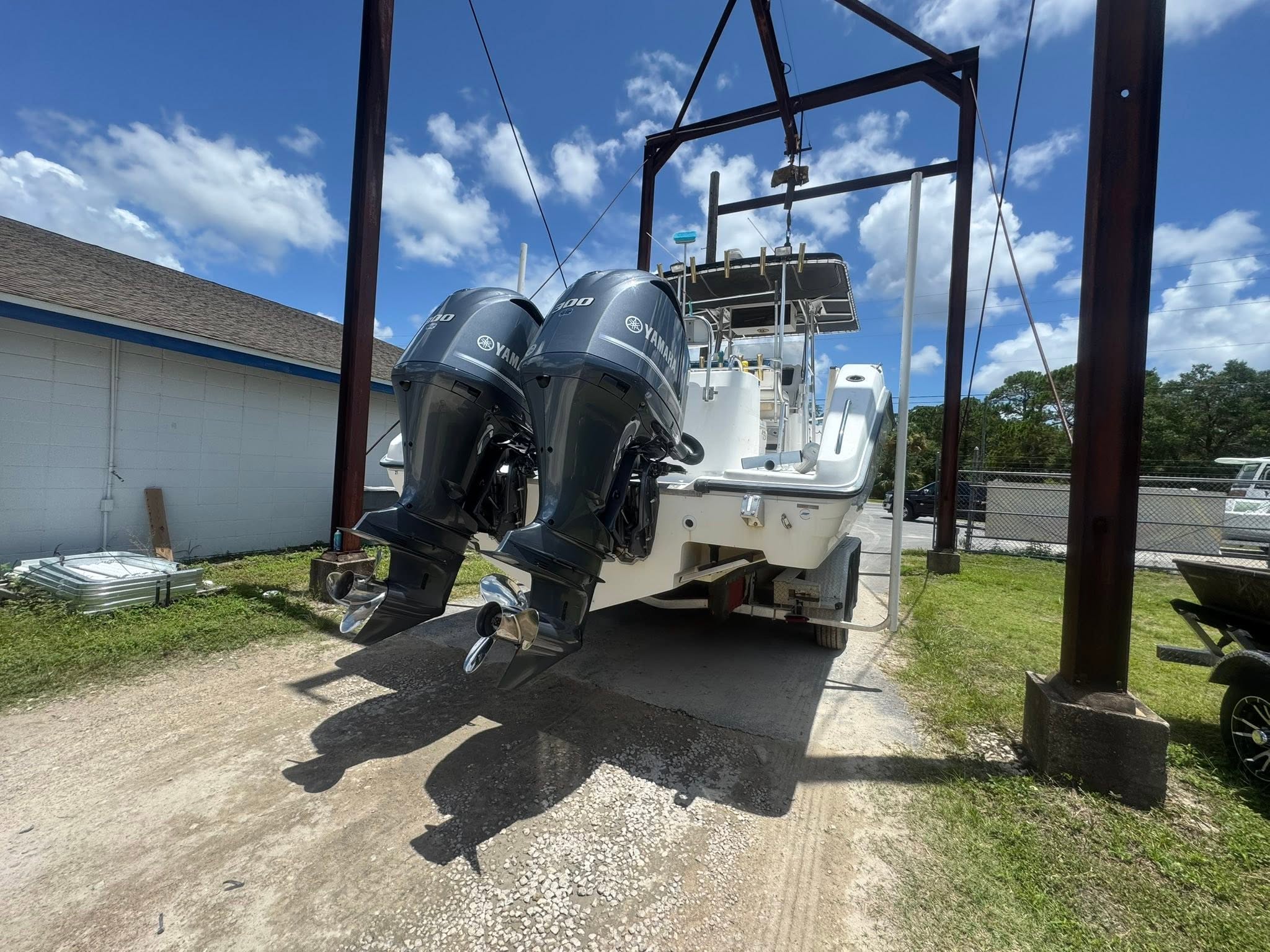 Twin Yamaha outboards being serviced at Mike's Marine Supply